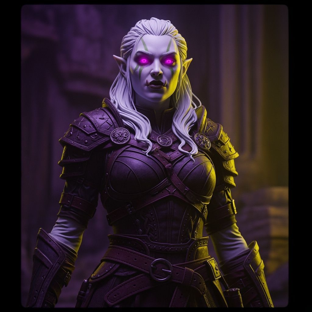 Cinematic Portrait of Luminous Pink-Eyed Half-Orc Warrior