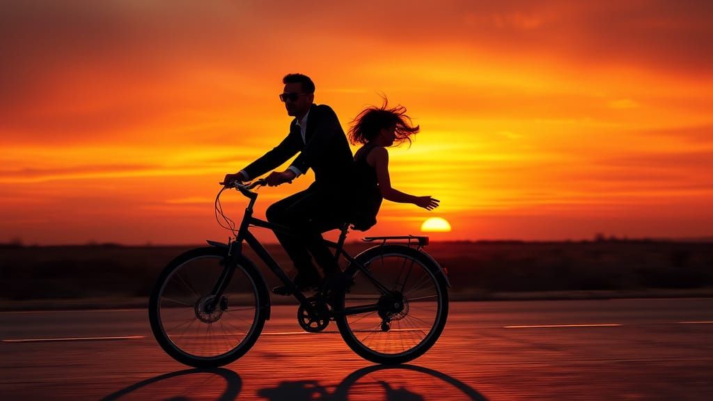 Man and Girl on Bike at Sunset in Silhouette