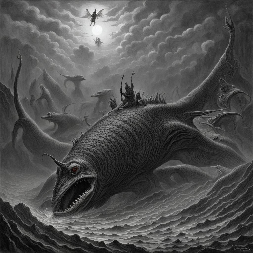 Horrific Pinkish Creature with Wings, in Doré Style