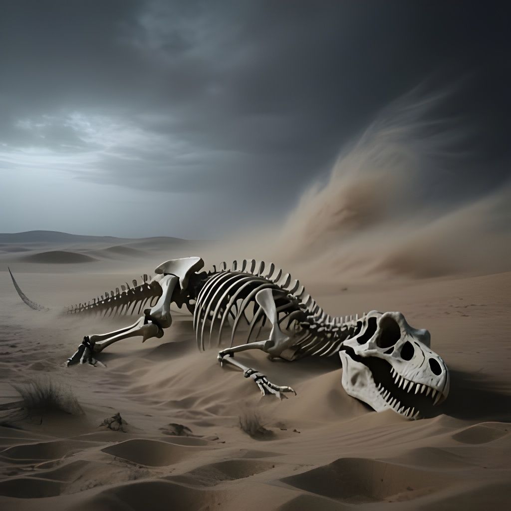 Dinosaur Skeleton in Desert Sandstorm at Night
