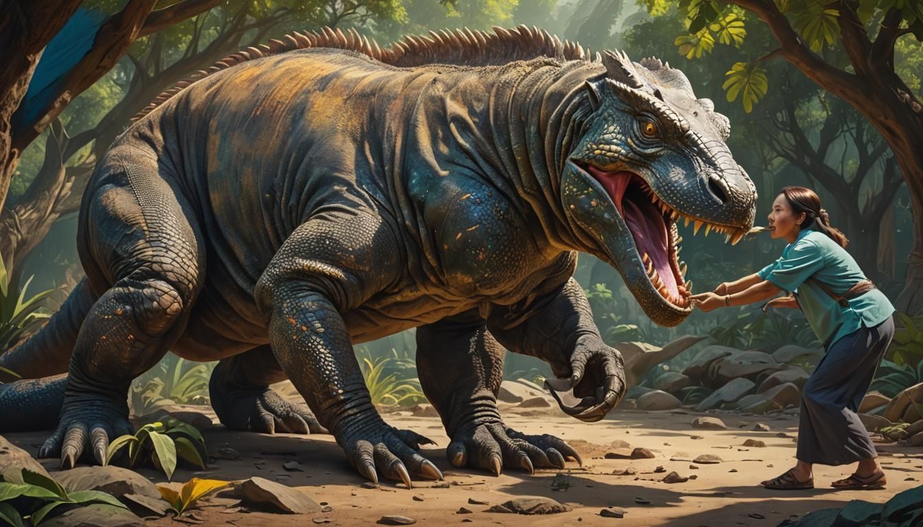 Giant Komodo Dragon Eats Woman: Hyperrealistic Art