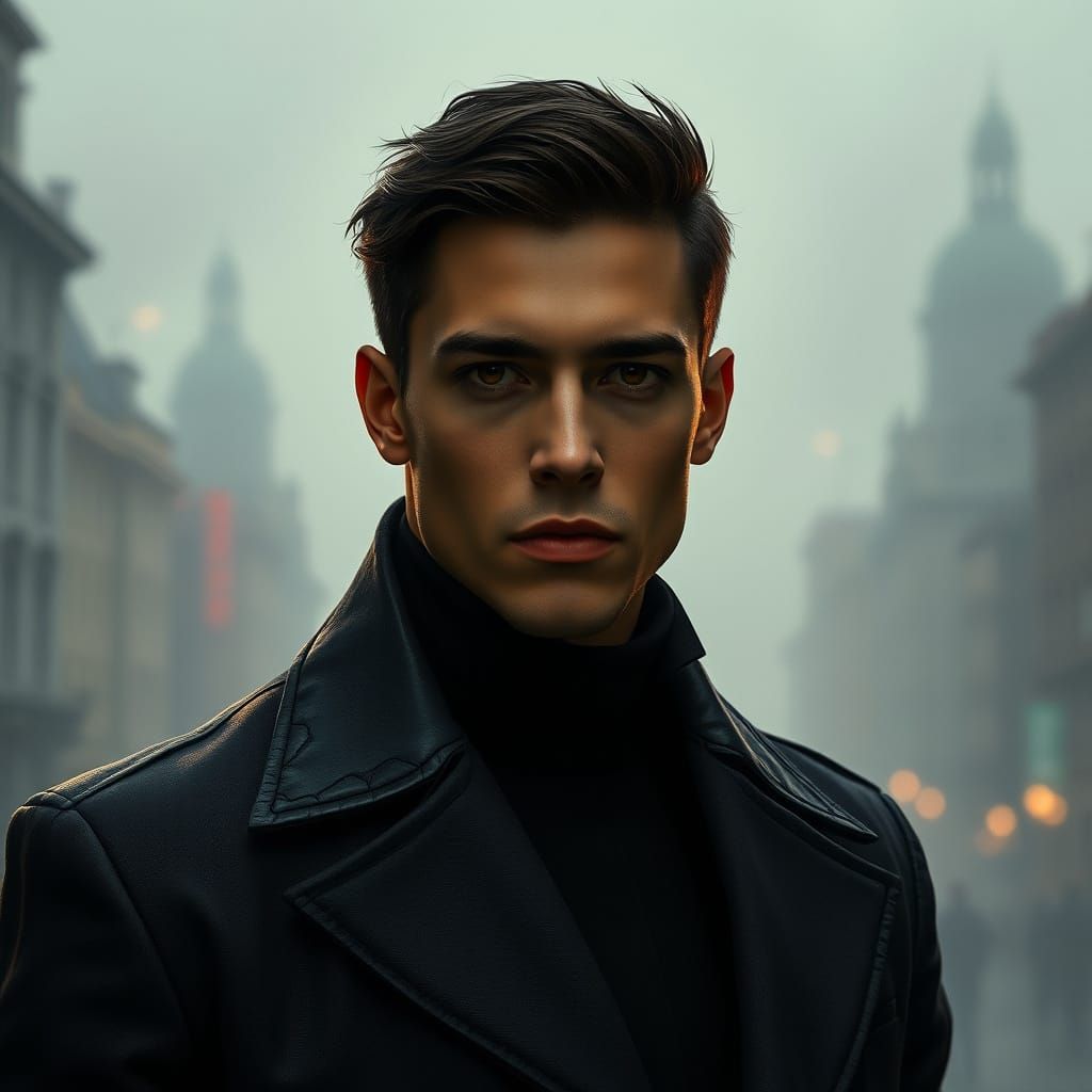 Futuristic Noir Portrait of a Young Man in a Dark City
