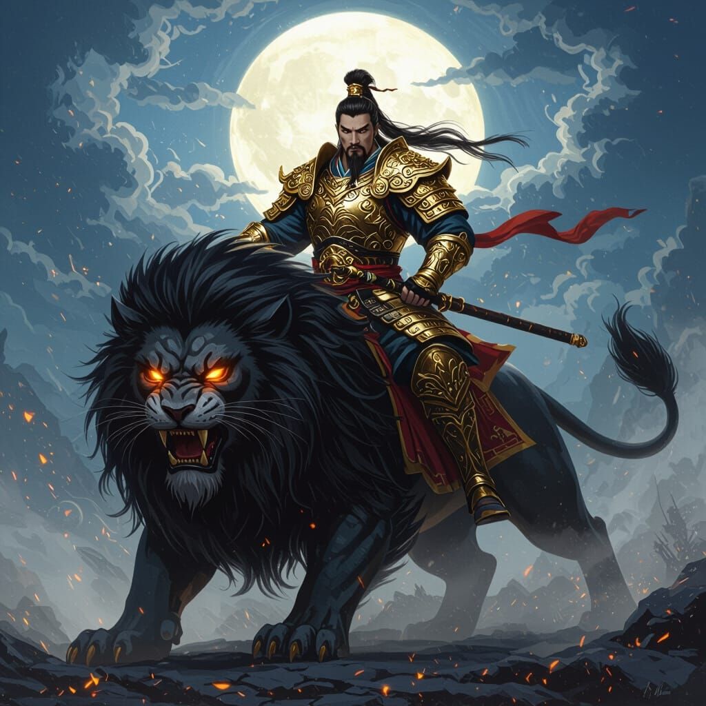 Chinese Warrior Zhong Tan Yuan Shuai on Night Lion