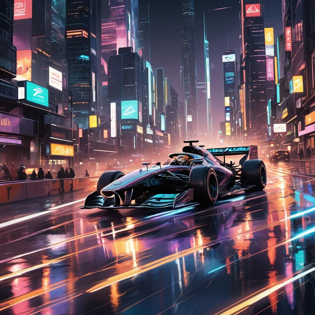 Mercedes F1 Car Races Through Neon Cityscape