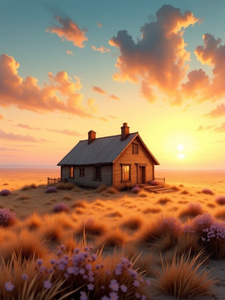 Prairie Pioneer House at Sunset in Fantasy Art Style