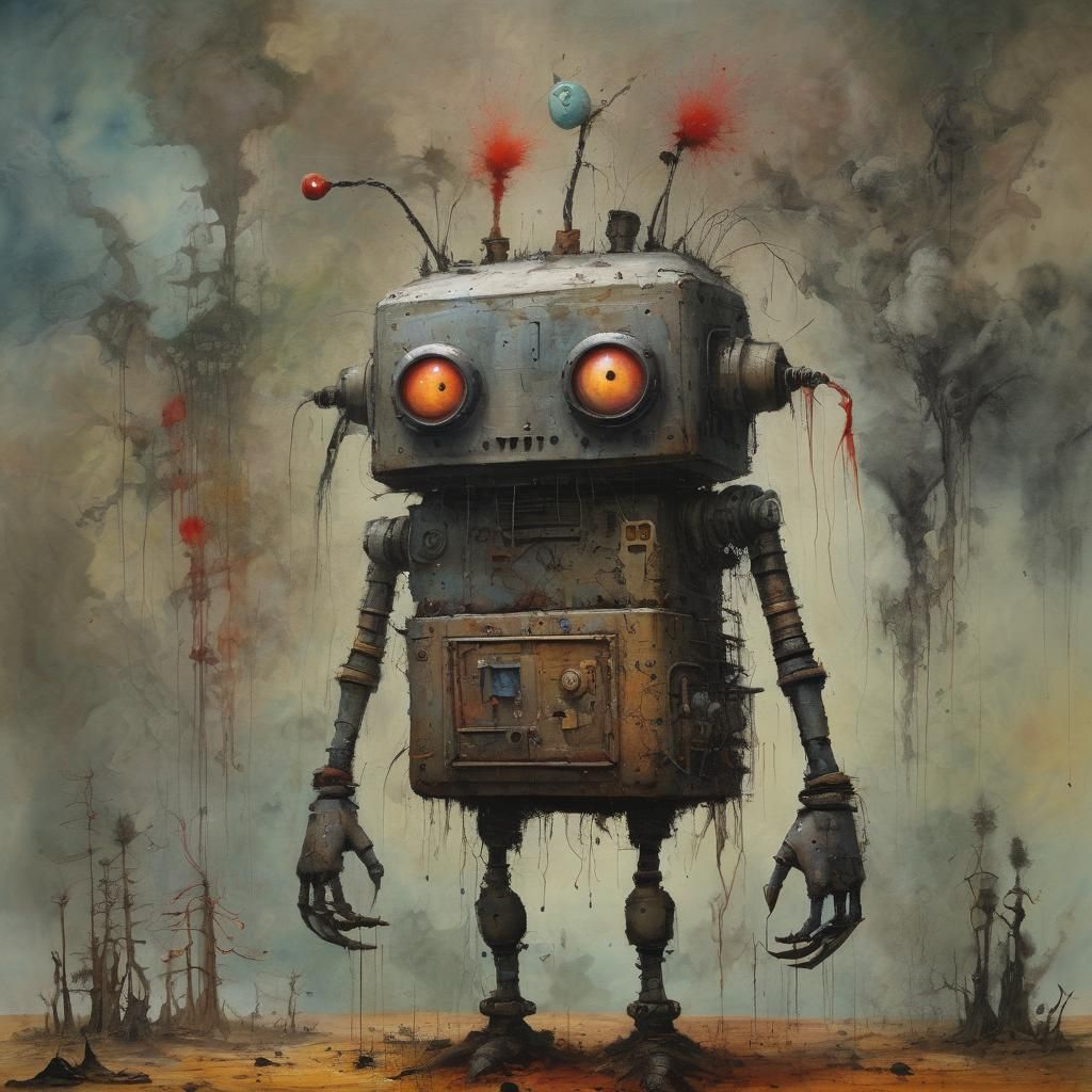 Surreal Robot in Gouache and Watercolor Style