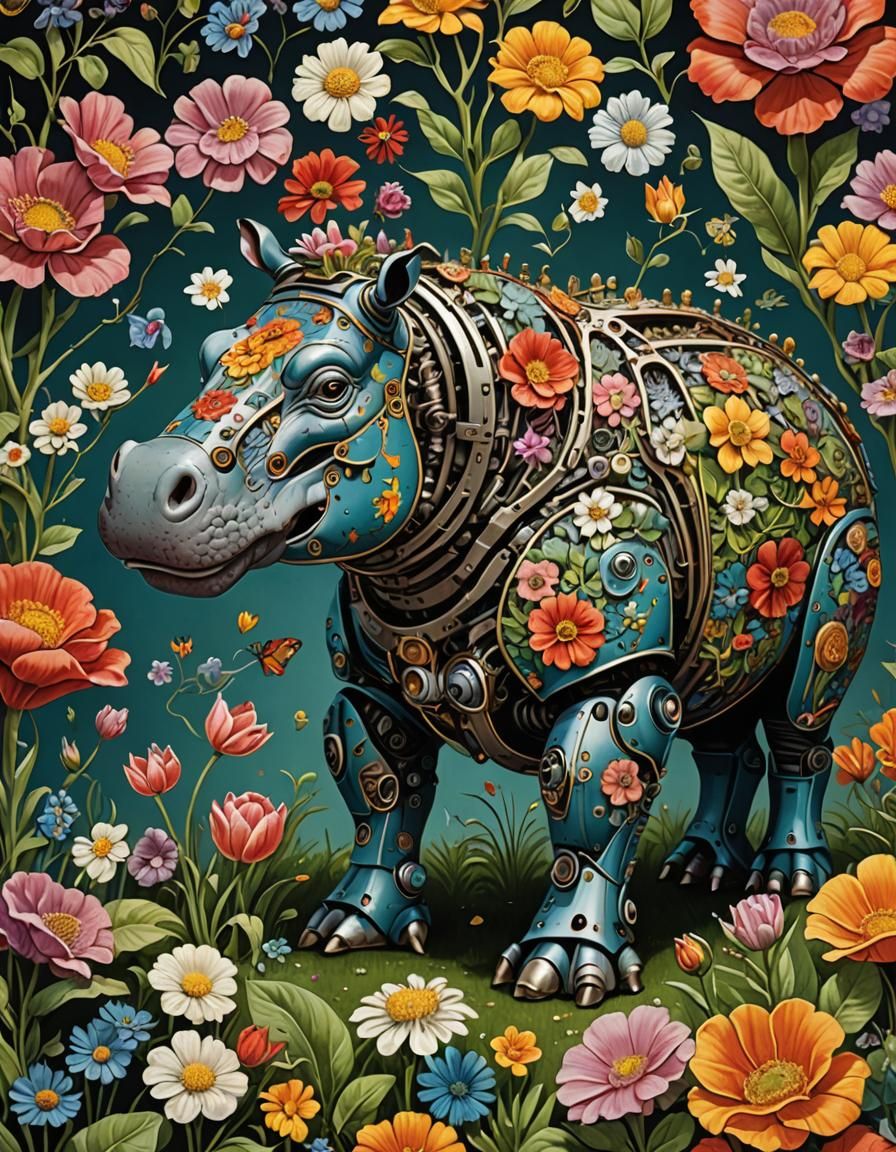 Robot Hippo Cross-Section with Floral Design