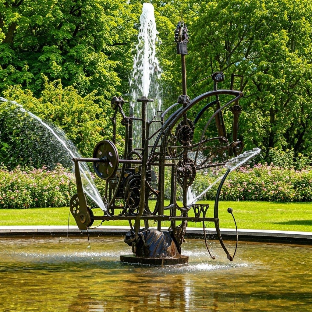 Whimsical Kinetic Fountain in Lush Green Park