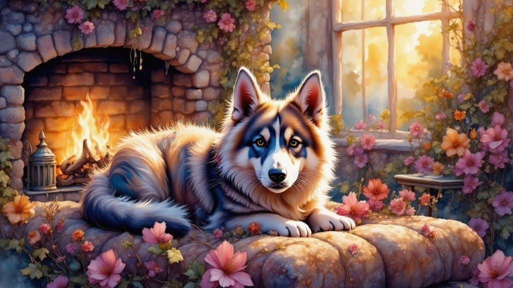 Cozy Cat-Dog Hybrid in Watercolor Synthwave Style