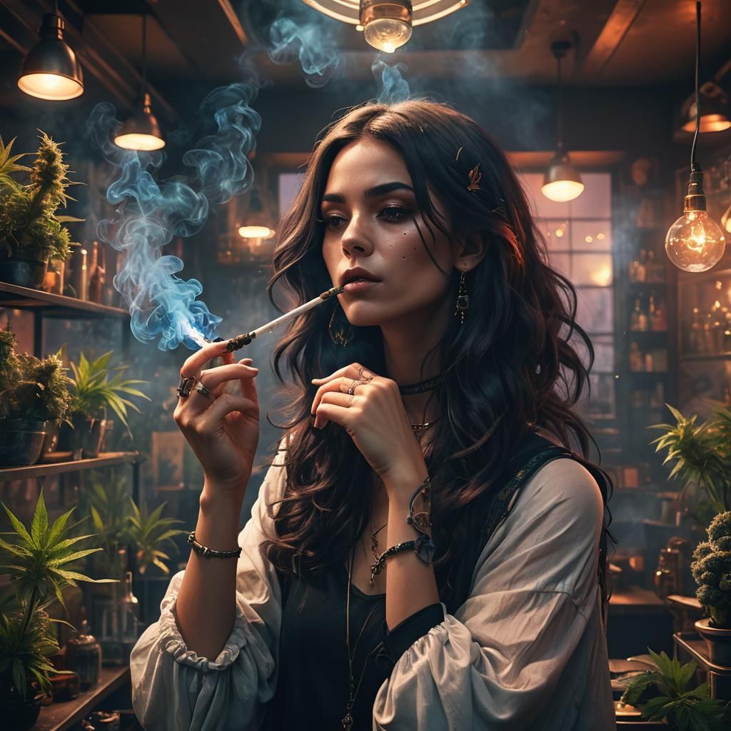 Woman Smoking Bong in Dark Fantasy Style