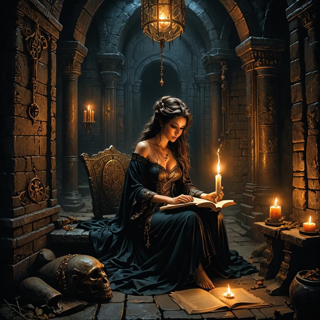 Woman Reading in Dungeon Cell: Bak and Royo Style