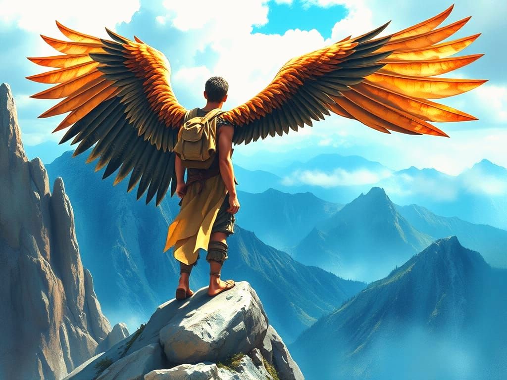 Handsome Man With Eagle Wings On Mountain