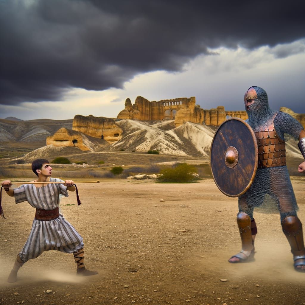 Determined David Confronts Towering Goliath in Ancient Valle...