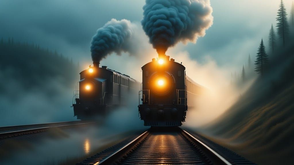 Vintage Train Emerges From Foggy Landscape
