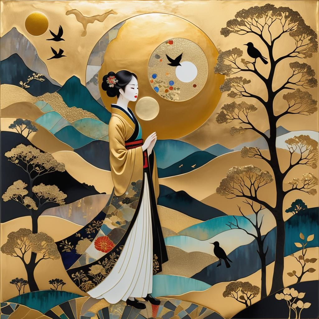 Korean Landscape with Woman and Birds in Klimt Style