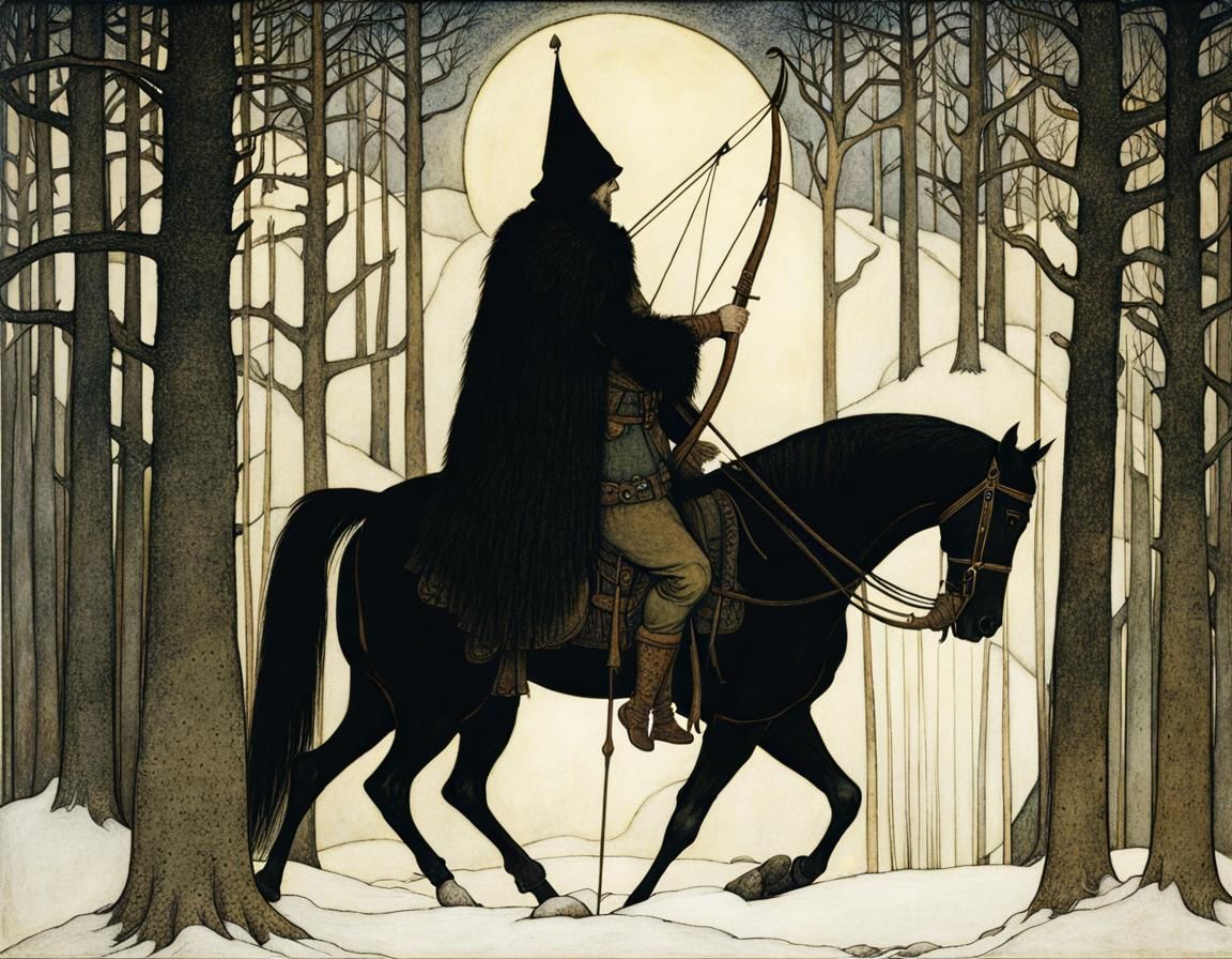 Hooded Woodsman Leading Horse Through Dark Forest