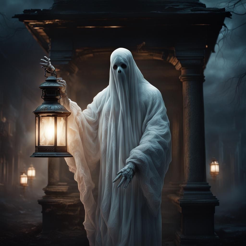 Translucent Ghost with Broken Lantern at Night
