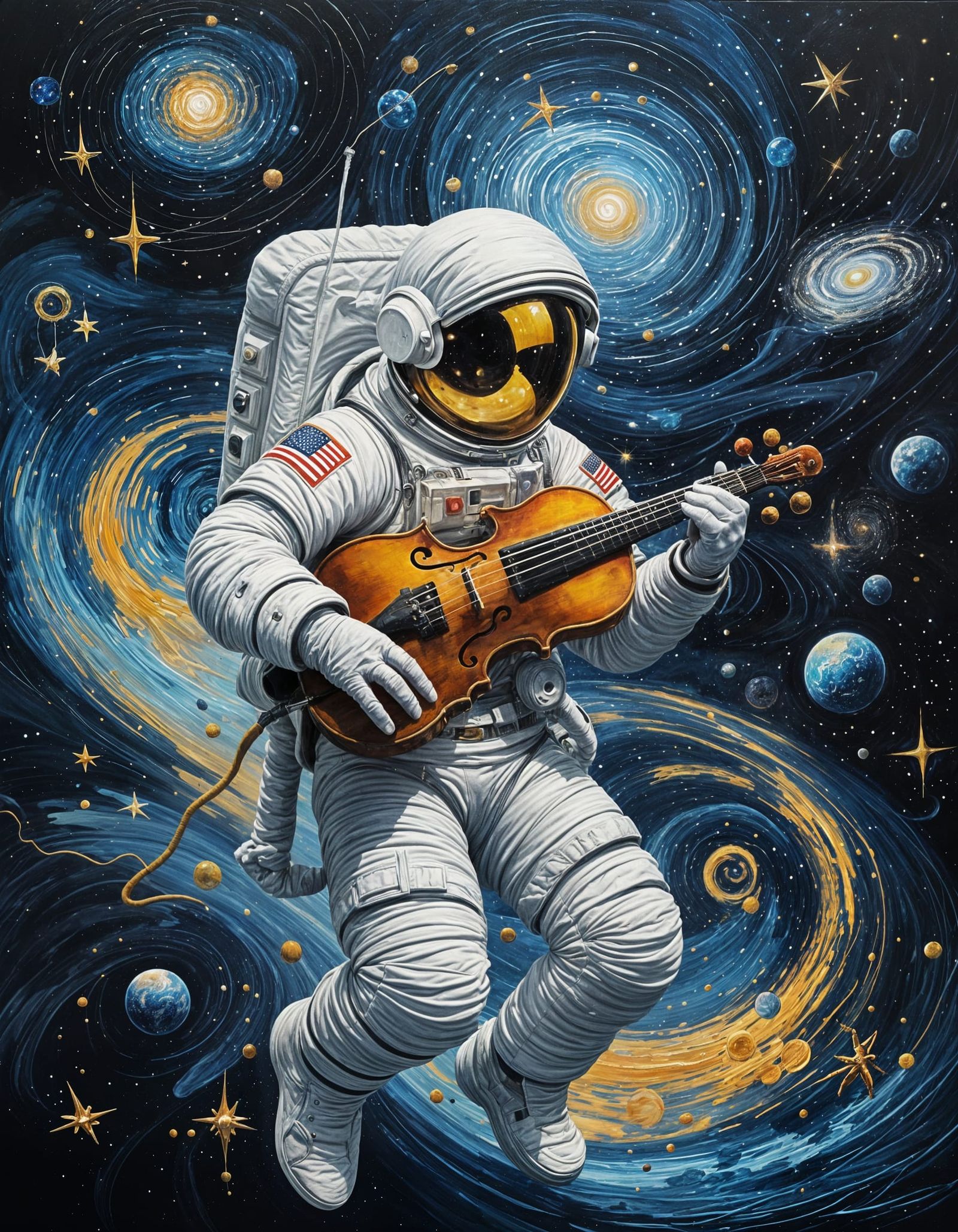 Astronaut Tethered to Glowing Violin in Space