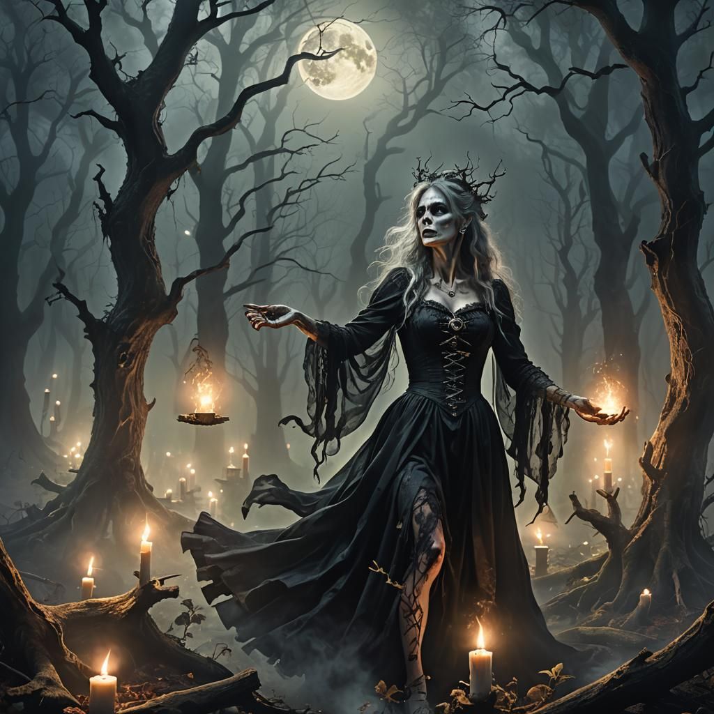 Zombie Witch Casting Spell in Mystical Forest