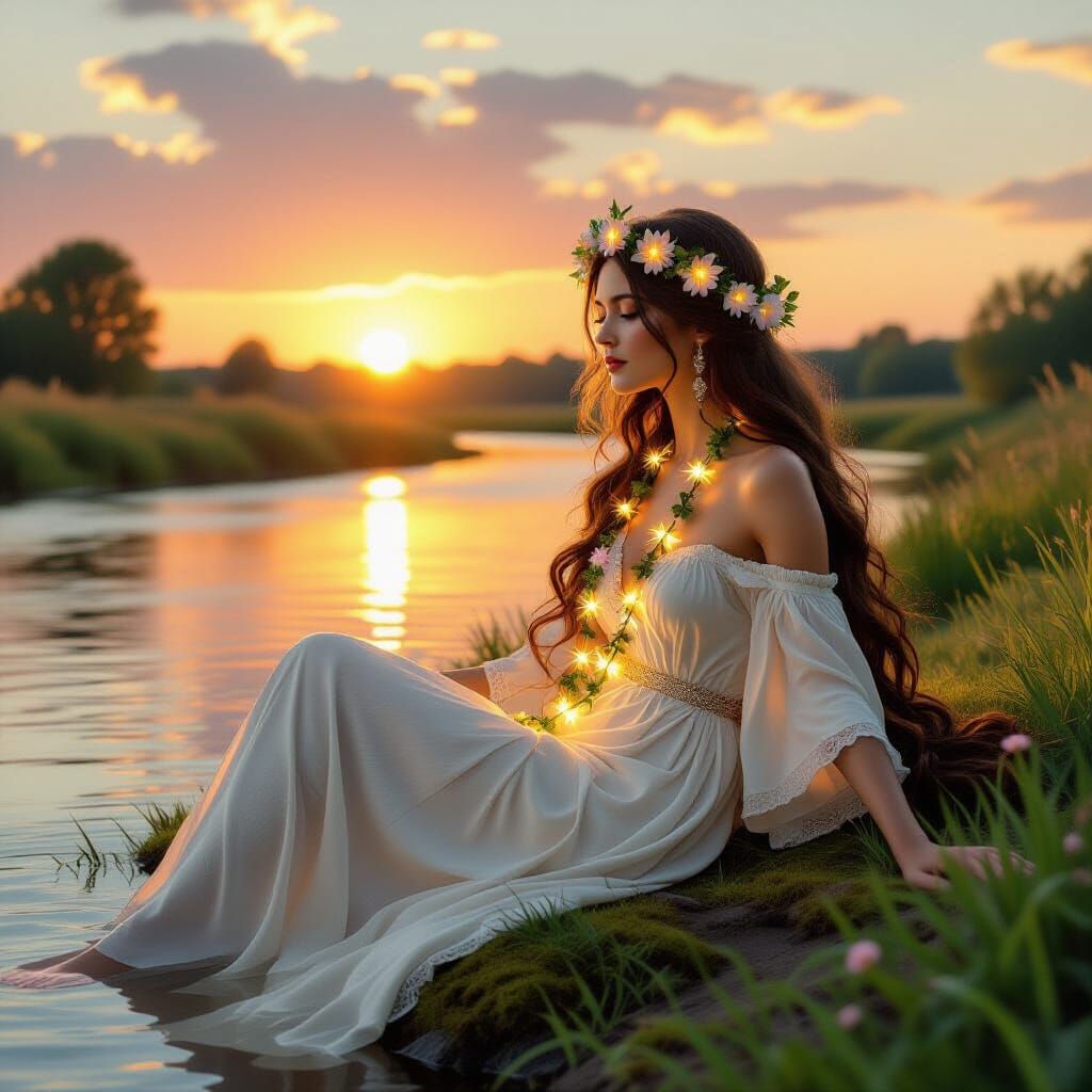 Woman with Floral Garland at Sunset: Art Nouveau Style