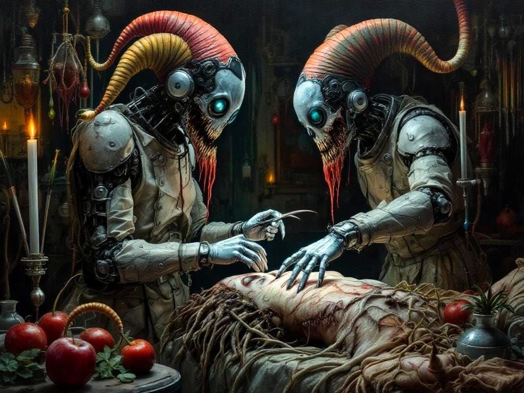 Cyborg Plague Doctor Performs Surgery: Hyperrealistic Oil Pa...