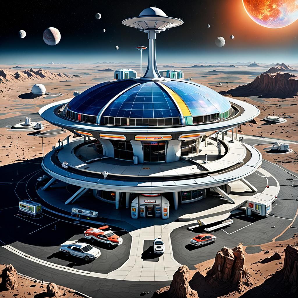 Futuristic Gas Station Orbiting Jupiter's Moon