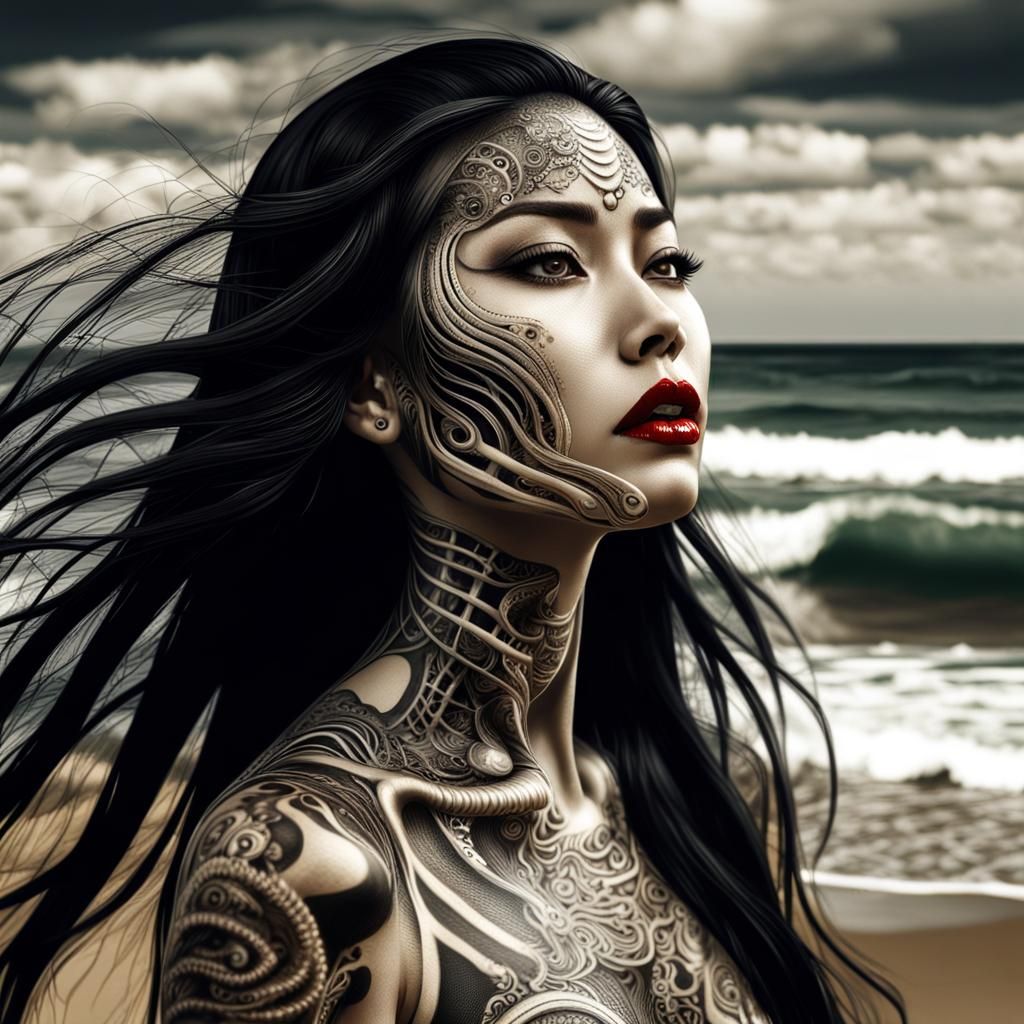 Sepia Japanese Woman with Alien Invasion Tattoo Art