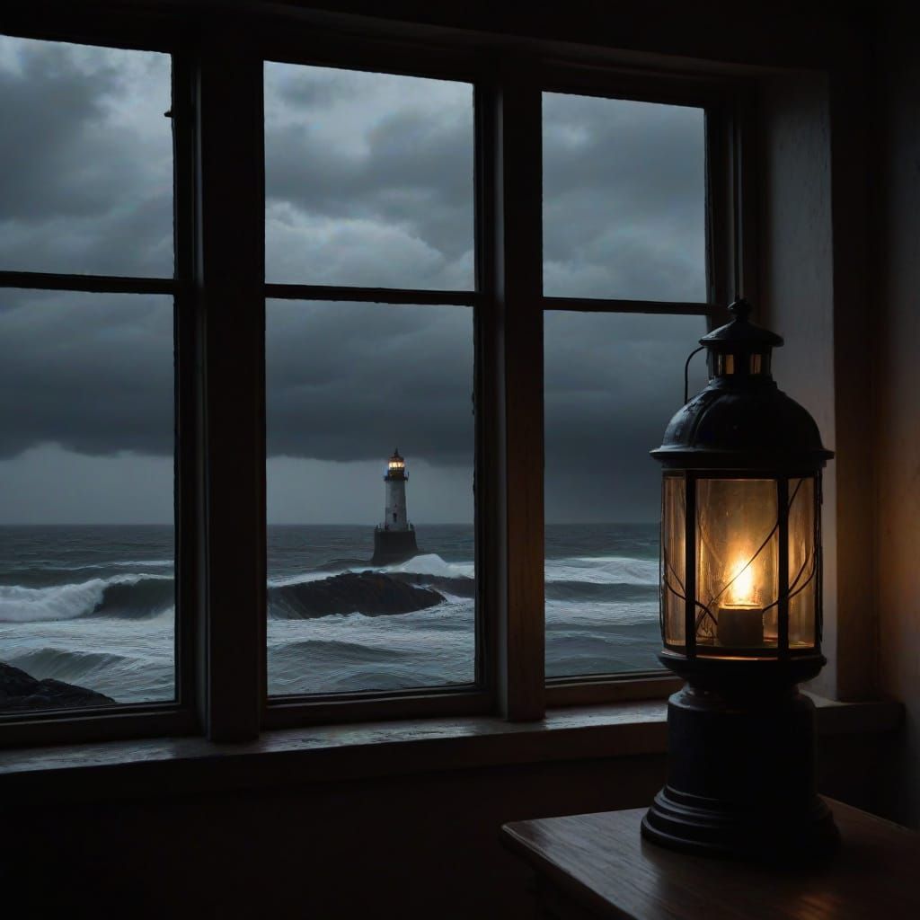 Lighthouse Keeper's Lonely Vigil in Stormy Seas