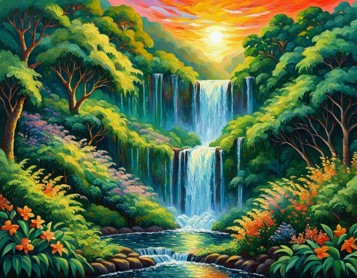 Cascading Waterfall in Expressionist Oil Painting