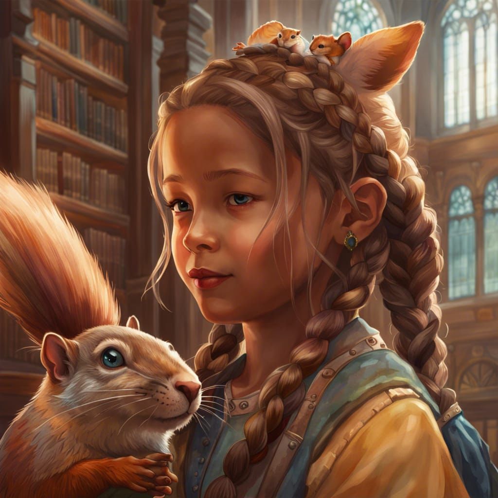 Girl with Squirrel in Library: Watercolor Concept Art