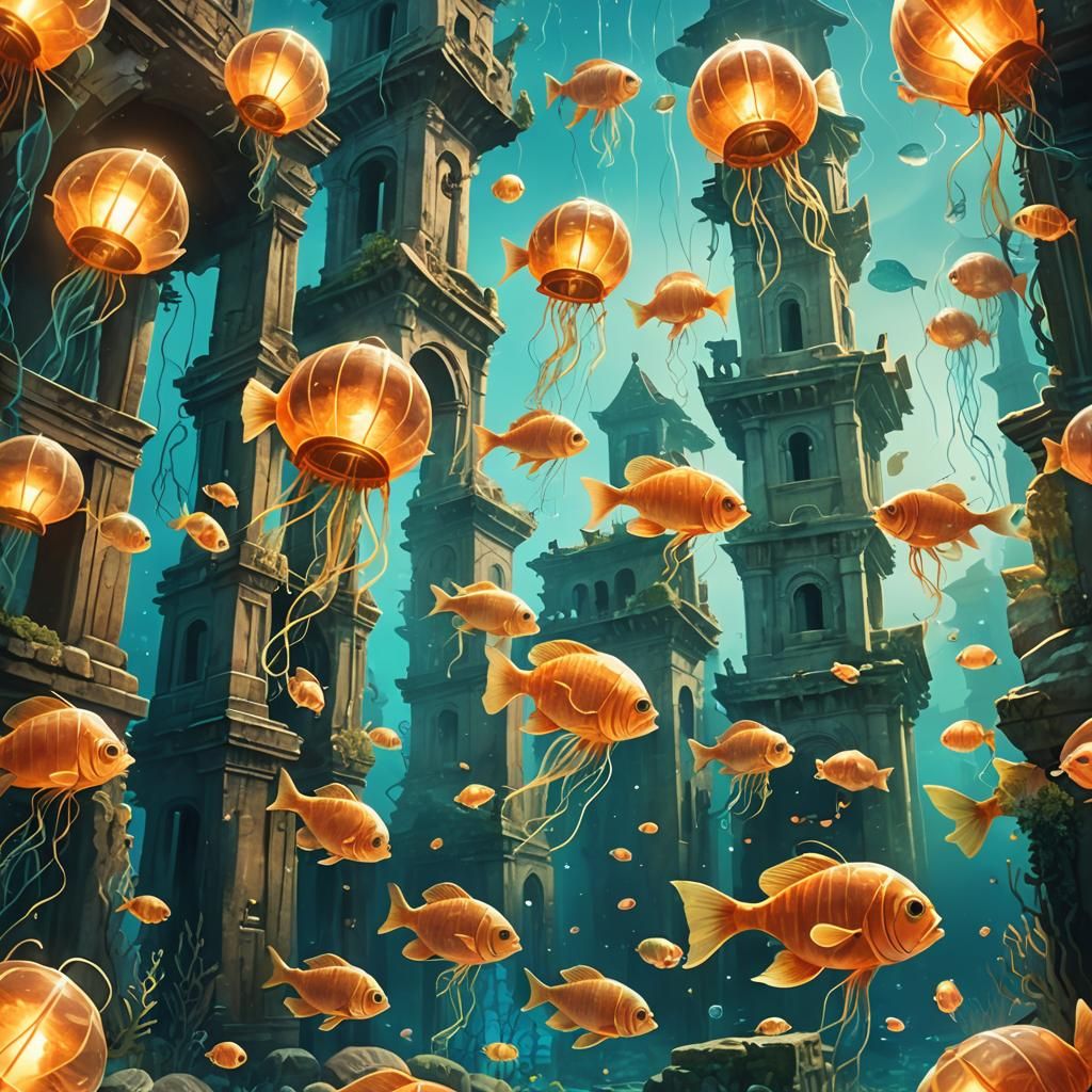 Surreal Underwater Cityscape in Digital Art Style
