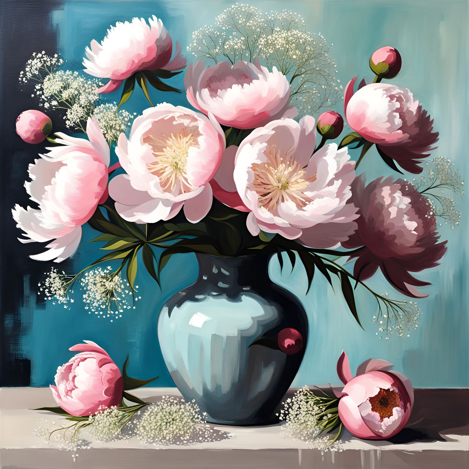 Vase of Peonies Still Life in Abstract Art Style