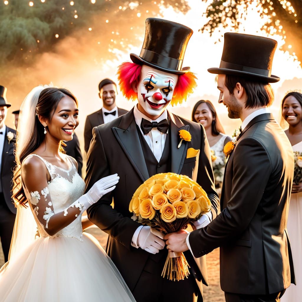 Dapper Clown Surprises Newlyweds with Golden Bouquet in Drea...