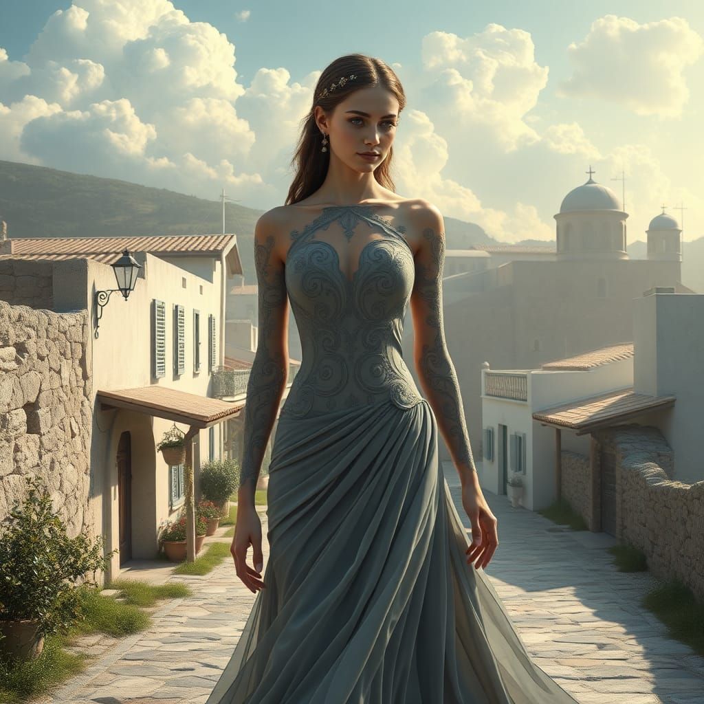 Dreamy Woman in a Greek Village, Detailed Matte Painting