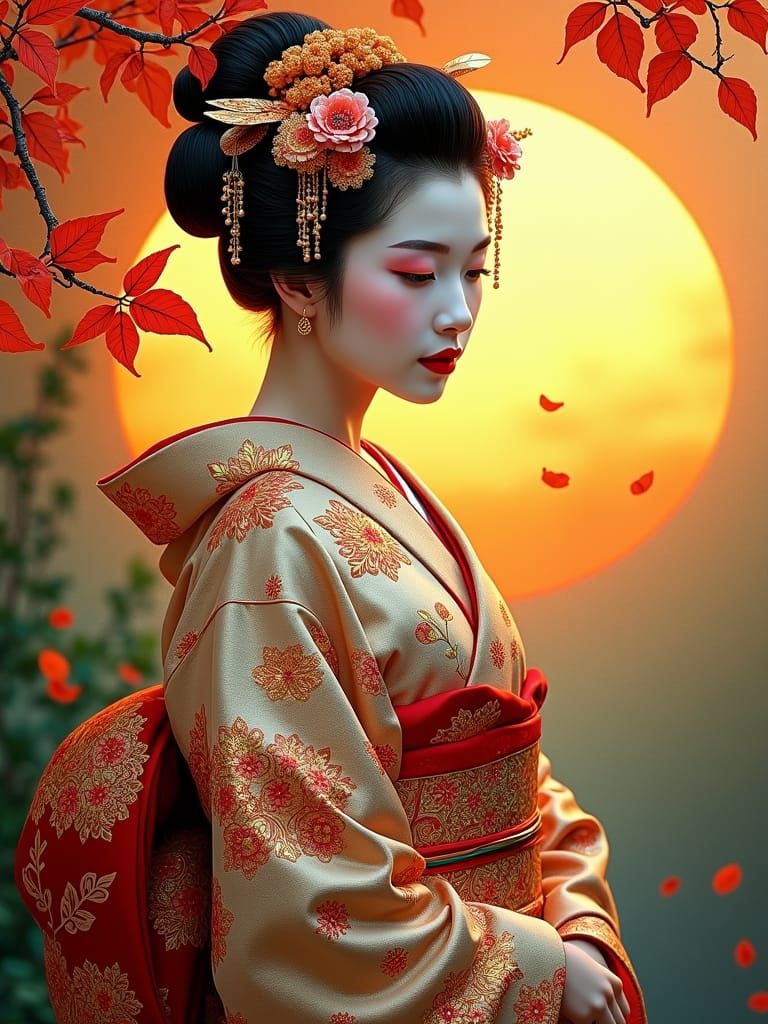 Geisha in Gold Leaf Sunset, Japanese Art Style