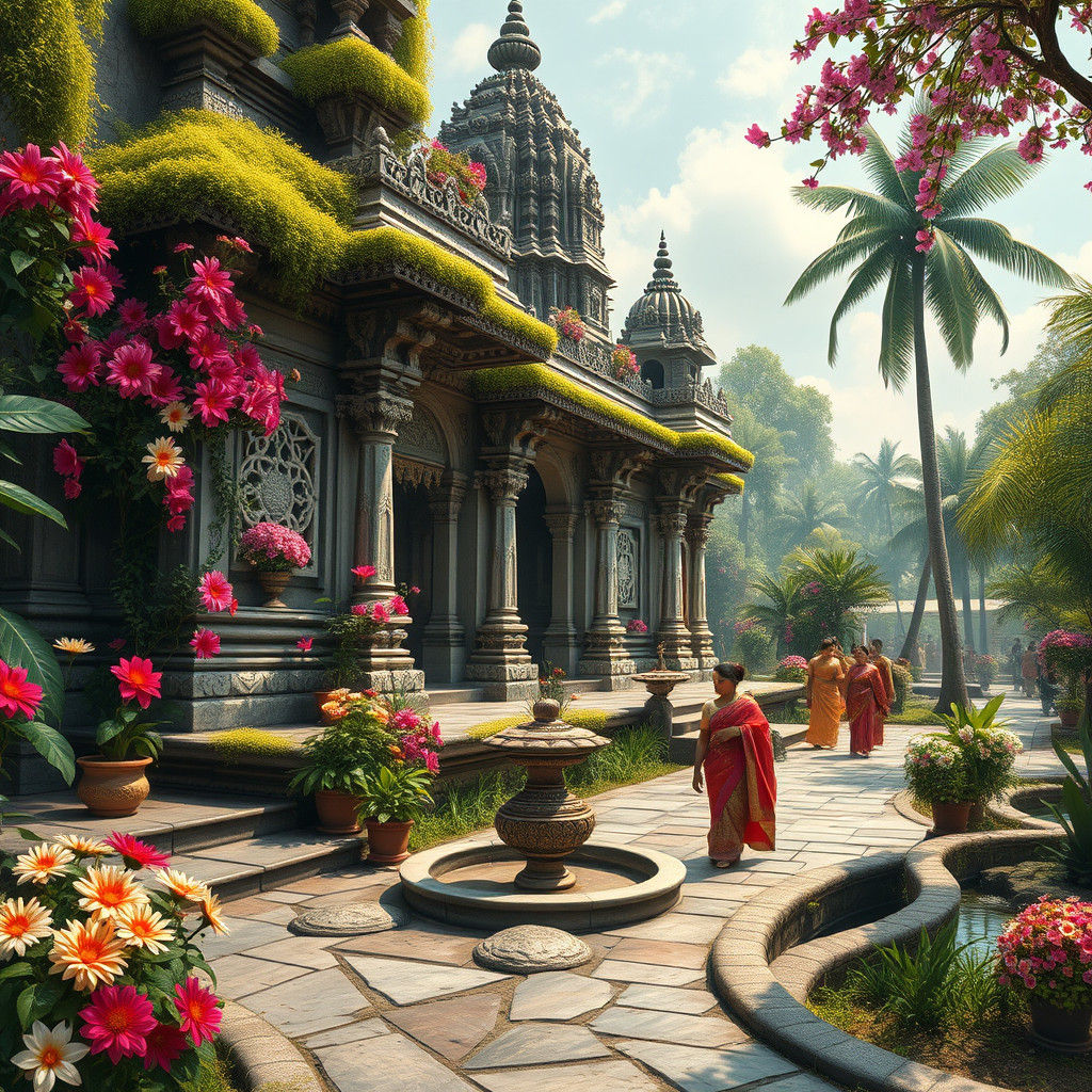 Majestic Hindu Temple in Spring Garden, Matte Painting