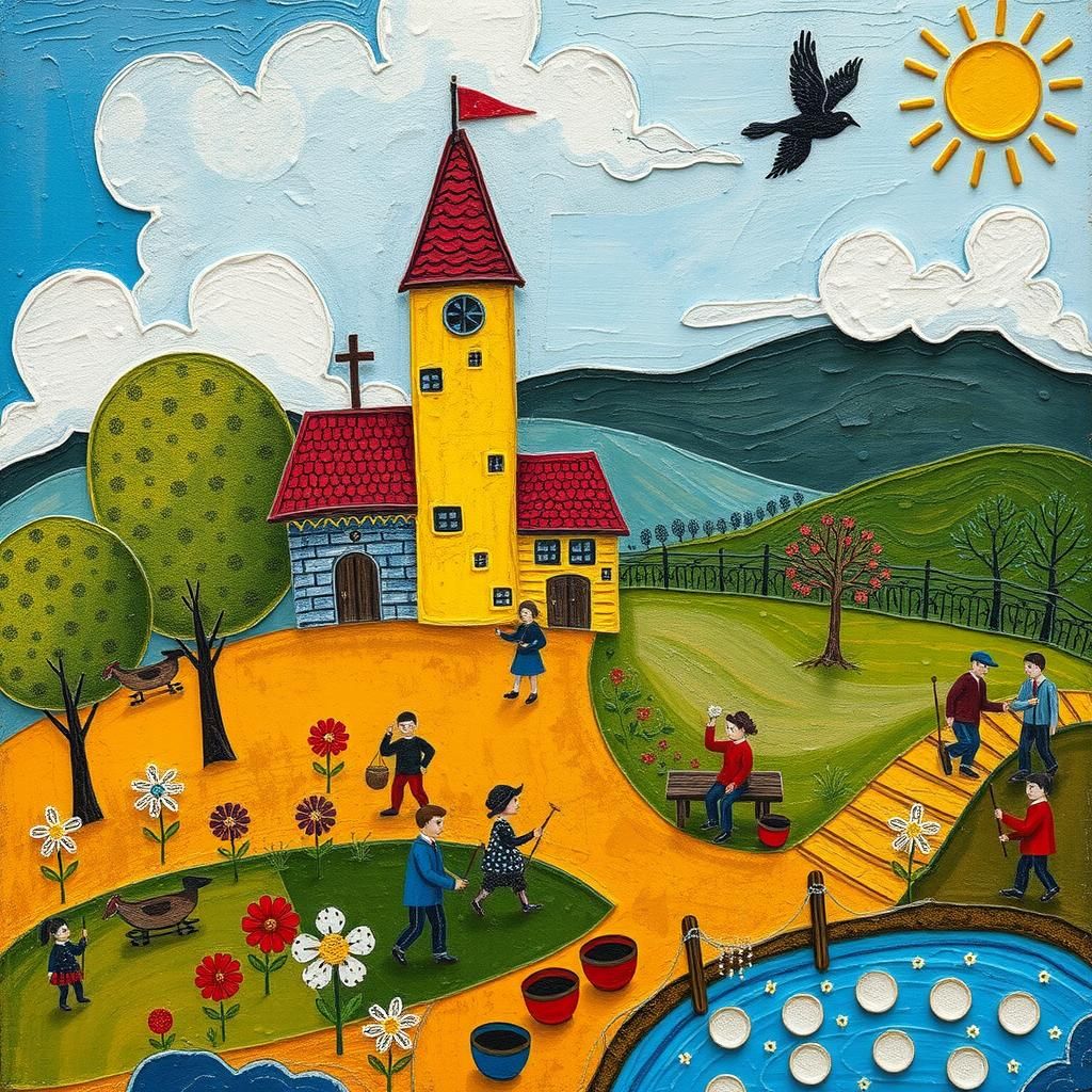 Vivid Naive Art Mixed Media Masterpiece