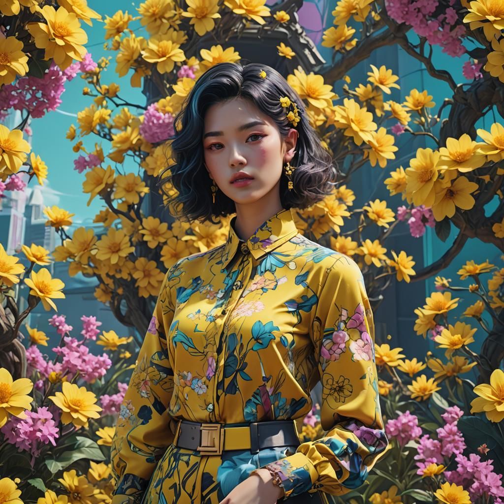 Vaporwave Yellow Floral Blouse Detailed Digital Painting
