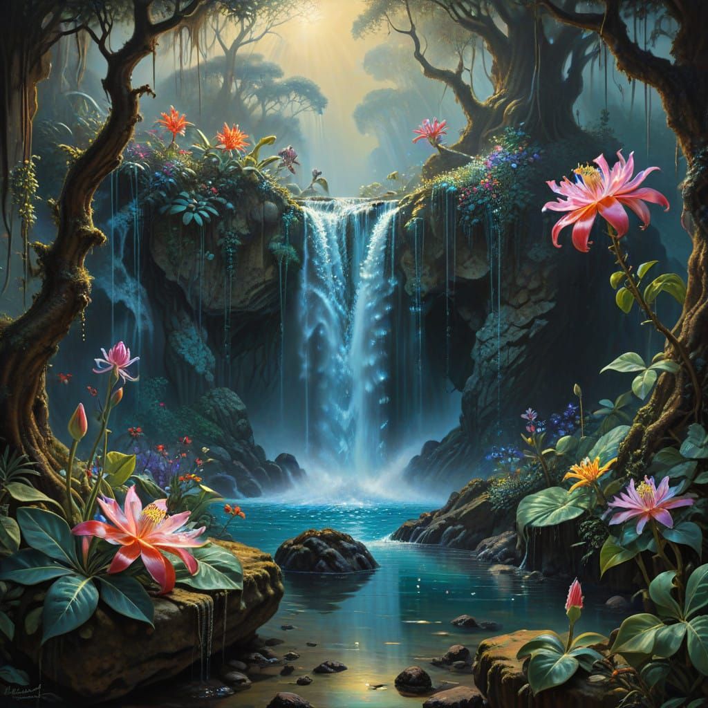 An enchanted clearing deep in the jungle, where passionflowers bloom under a canopy of stars. A shimmering waterfall flo...