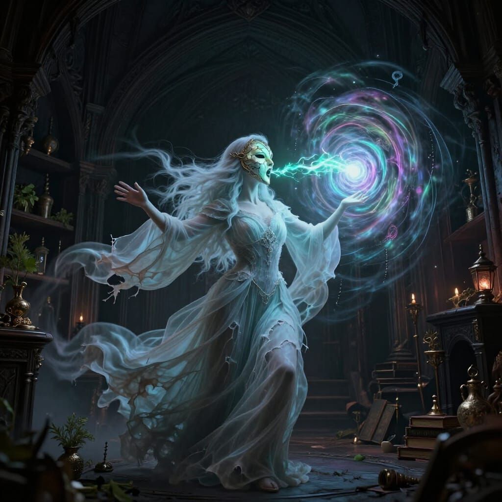Ghostly Sorceress Commands Magical Vortex in Gothic Chamber