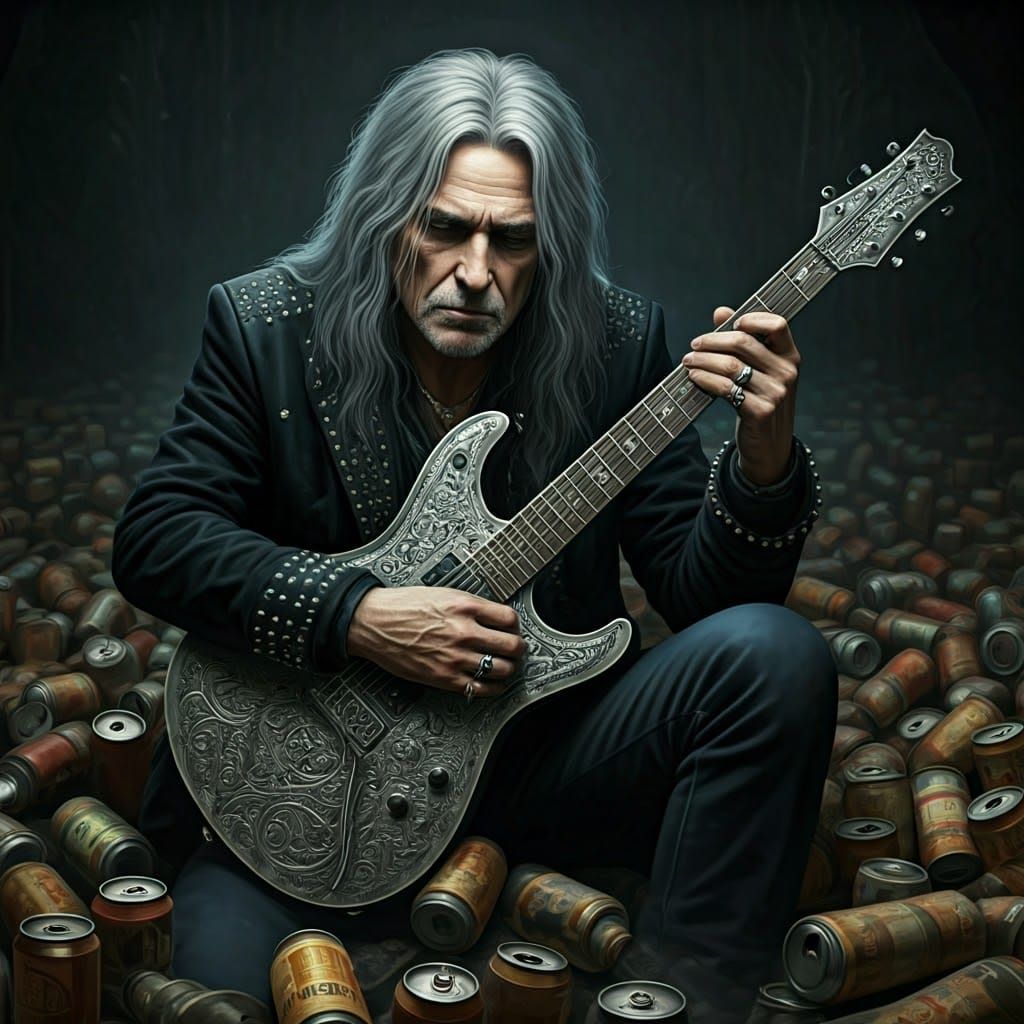 Aging Rockstar with Silver Guitar in Cyberpunk Style