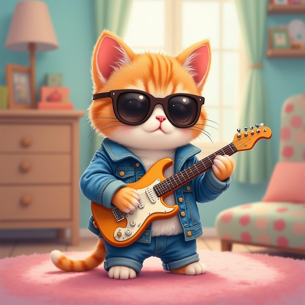 Kitten Playing Guitar in Pop Surrealist Style
