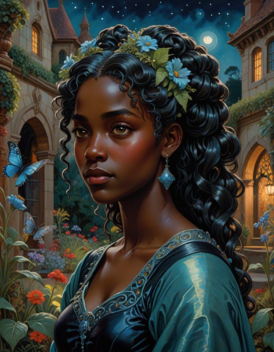 Black Fairy in Vampire Garden, Pre-Raphaelite Style