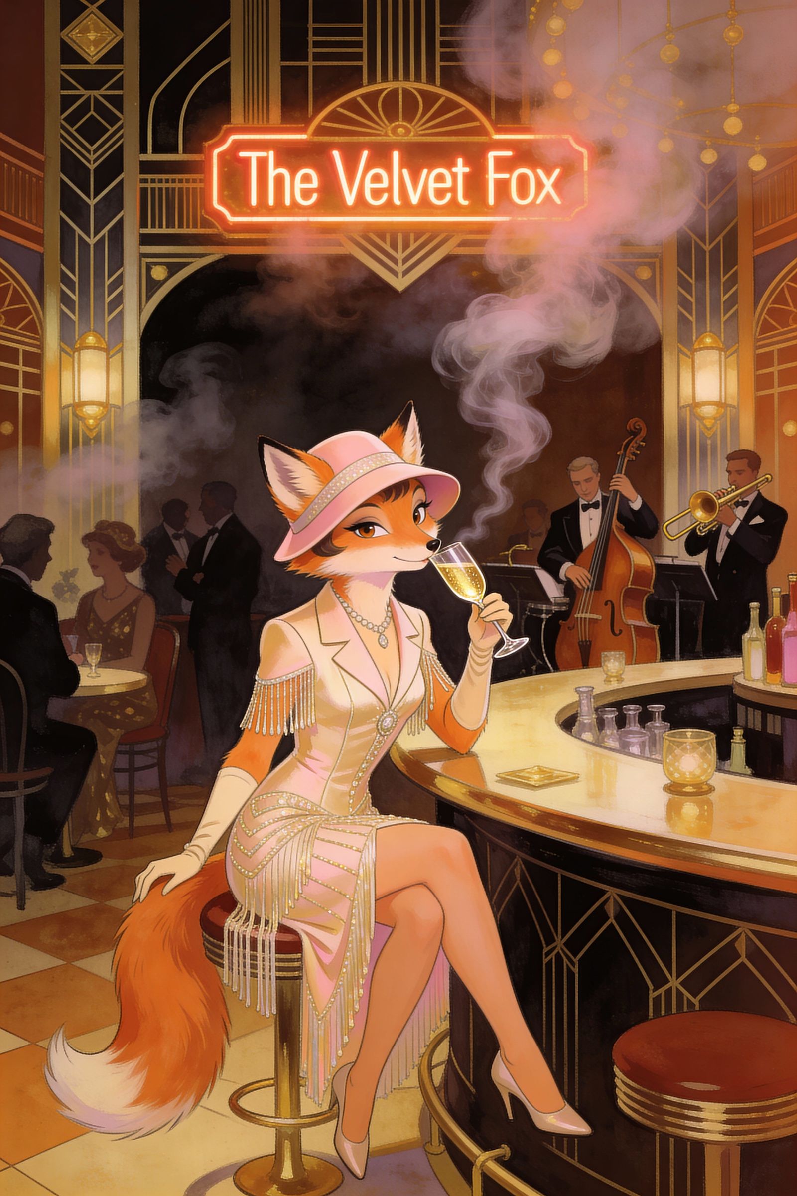 1920s Fox Flapper Sips Champagne in Speakeasy