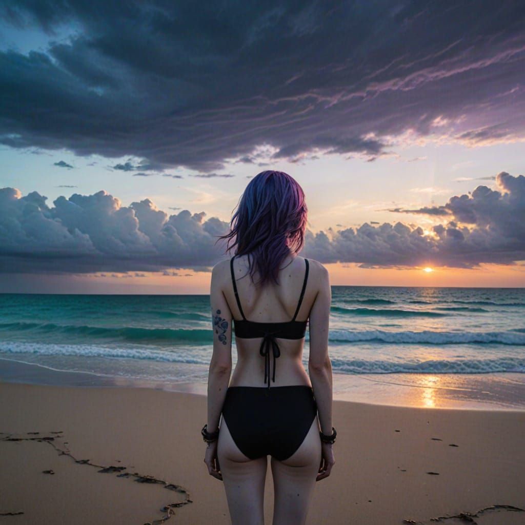 Goth Woman Watches Sunset on Distant Beach