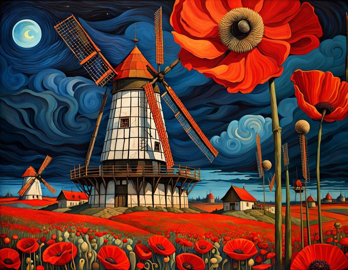 Poppy Fields and Dutch Windmills in Biopunk Style