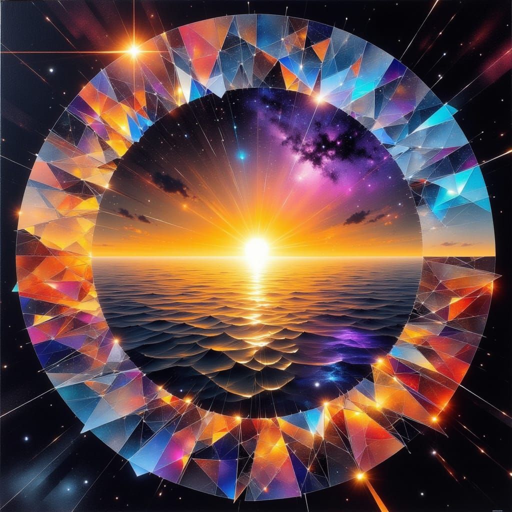 Opalescent Geometric Cosmic Sunset in Ink Sketch Style