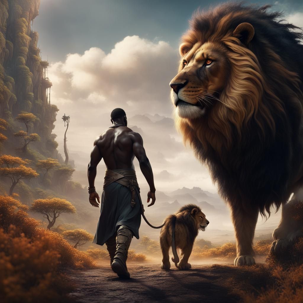 Fantasy Landscape: Black Man and Lion