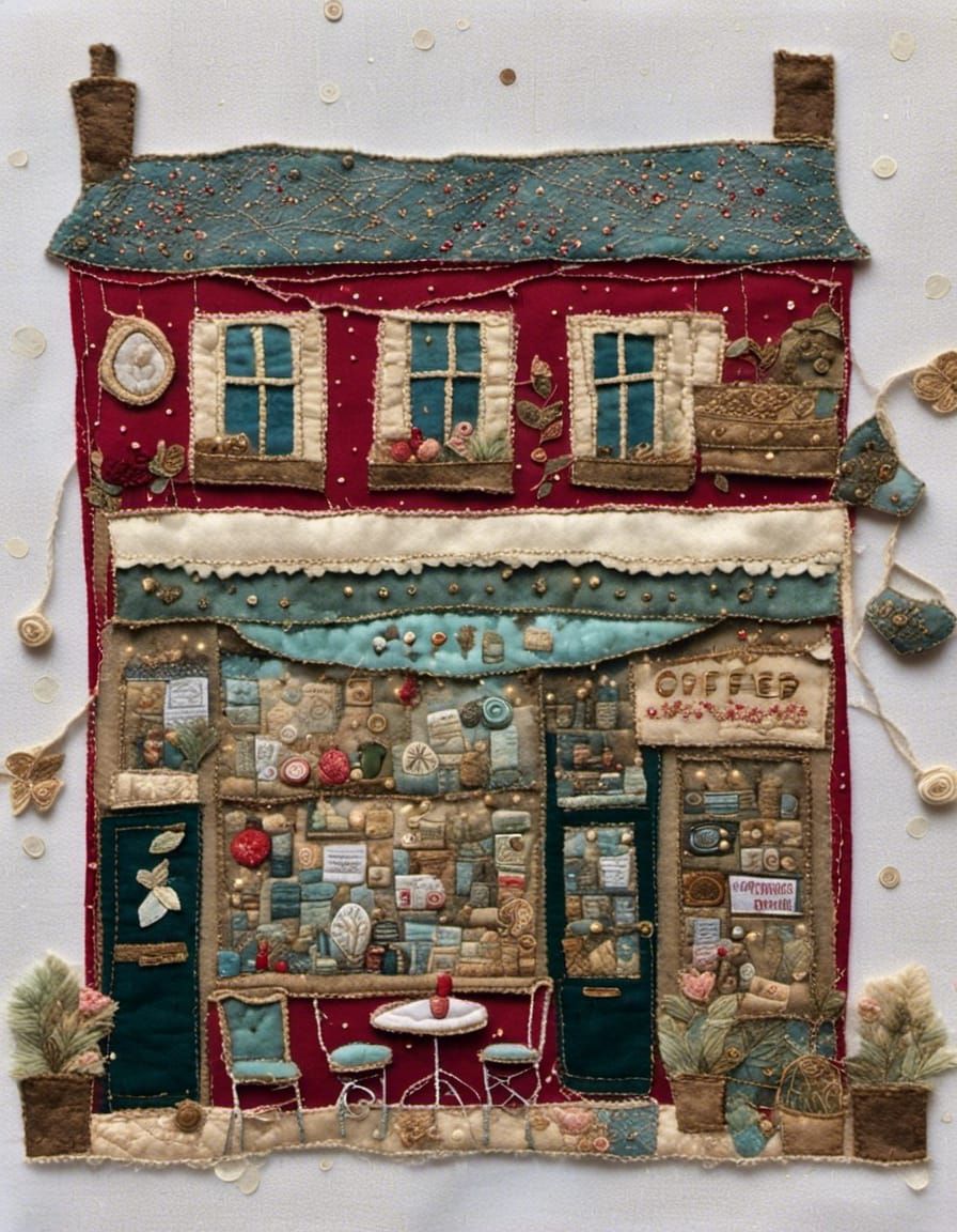 Quirky Coffee Shop in Stitched Embroidery Style