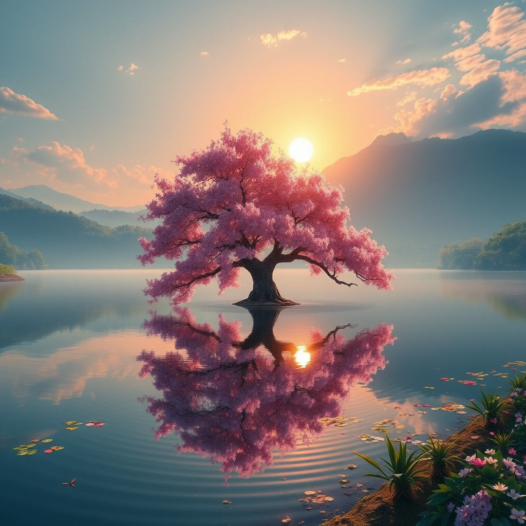 Sakura Tree Reflected in Lake: Digital Matte Painting